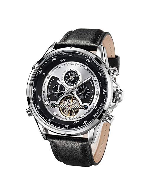 SURVAN WatchDesigner Men's Automatic Dual Time Zone Mechanical Skeleton Watch Genuine Leather Strap