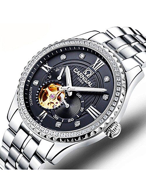 Gosasa Diamond Watches Men's Automatic Mechanical Skeleton Watch White or Black Dial Waterproof Watch