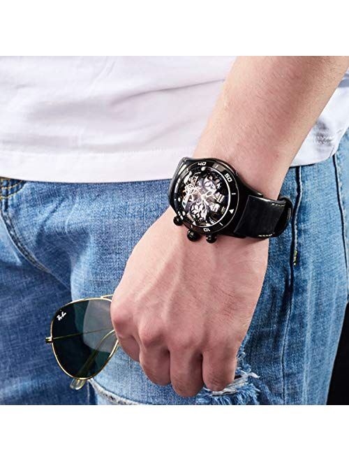 Sport Watches for Mens Black Skeleton Dial Steel Tourbillon Watch RGA703