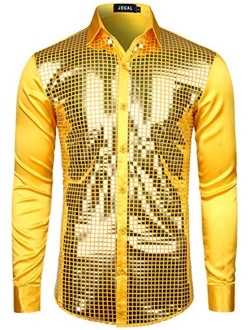 JOGAL Mens 70s Disco Costume Silver Sequins Long Sleeve Button Down Shirts