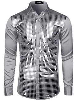 JOGAL Mens 70s Disco Costume Silver Sequins Long Sleeve Button Down Shirts