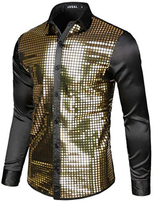 JOGAL Mens 70s Disco Costume Silver Sequins Long Sleeve Button Down Shirts