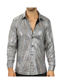 WULFUL Men Disco Shirt Sequins Long Sleeve Button Down Shirt Luxury Party Nightclub Christmas Prom Costume