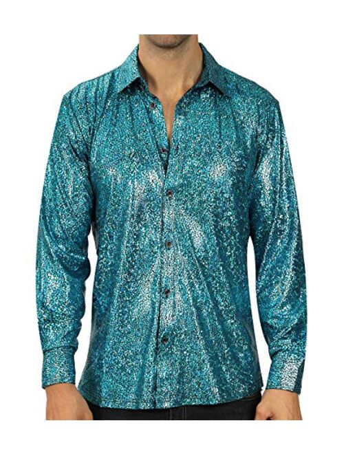 WULFUL Men Disco Shirt Sequins Long Sleeve Button Down Shirt Luxury Party Nightclub Christmas Prom Costume