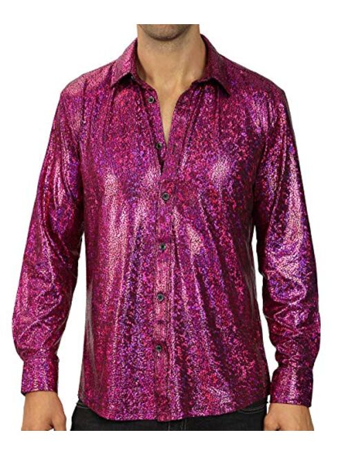 WULFUL Men Disco Shirt Sequins Long Sleeve Button Down Shirt Luxury Party Nightclub Christmas Prom Costume