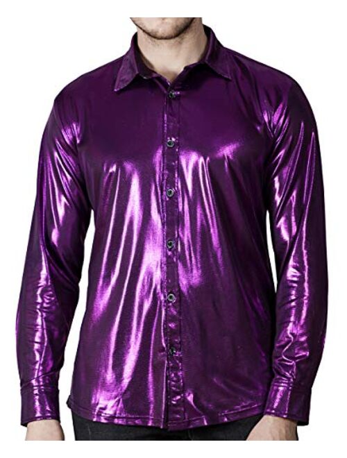 WULFUL Men Disco Shirt Sequins Long Sleeve Button Down Shirt Luxury Party Nightclub Christmas Prom Costume