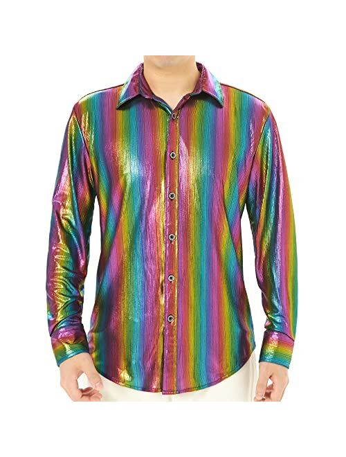 WULFUL Men Disco Shirt Sequins Long Sleeve Button Down Shirt Luxury Party Nightclub Christmas Prom Costume