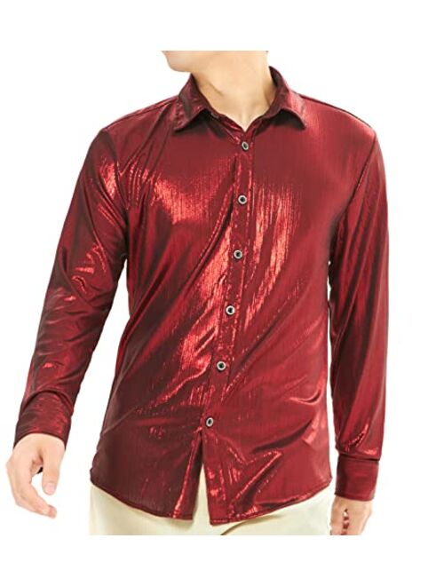 WULFUL Men Disco Shirt Sequins Long Sleeve Button Down Shirt Luxury Party Nightclub Christmas Prom Costume