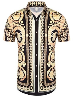 Daupanzees Mens Short Sleeve Fashion Luxury Design Print Dress Shirt