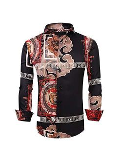 Esabel.C Mens Luxury Floral Print Dress Shirts Long Sleeve Regular Fit Party Button Down Shirt