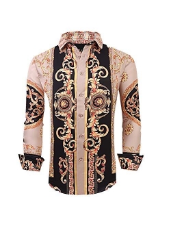 Esabel.C Mens Luxury Floral Print Dress Shirts Long Sleeve Regular Fit Party Button Down Shirt