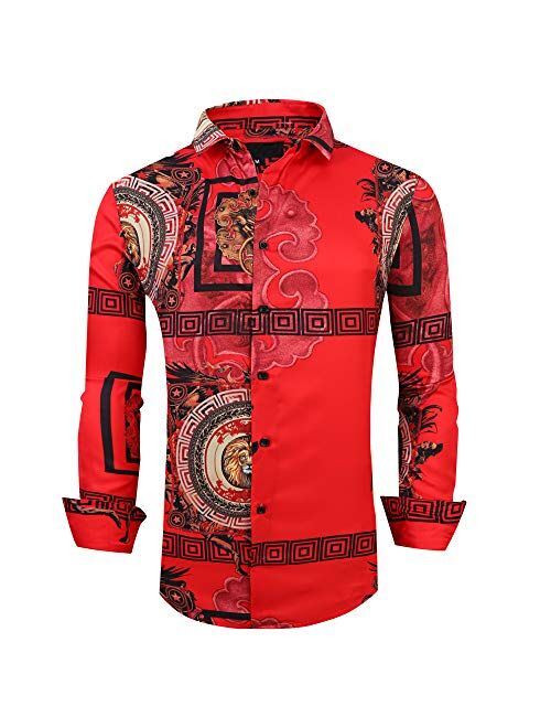 Esabel.C Mens Luxury Floral Print Dress Shirts Long Sleeve Regular Fit Party Button Down Shirt