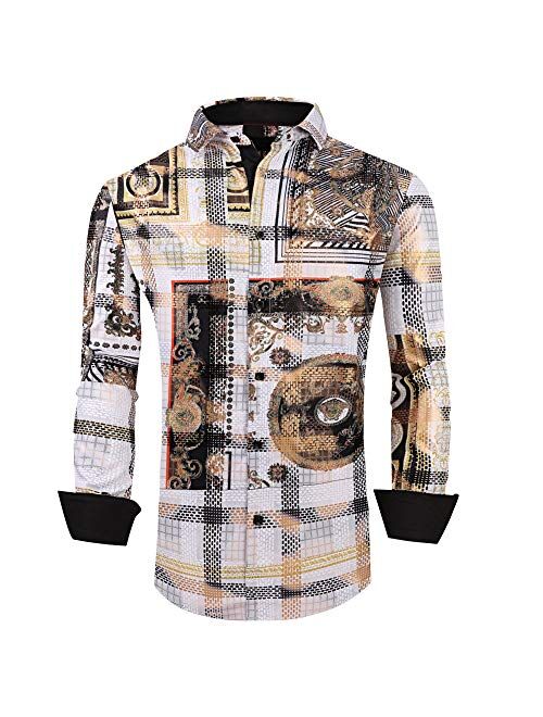 Esabel.C Mens Luxury Floral Print Dress Shirts Long Sleeve Regular Fit Party Button Down Shirt