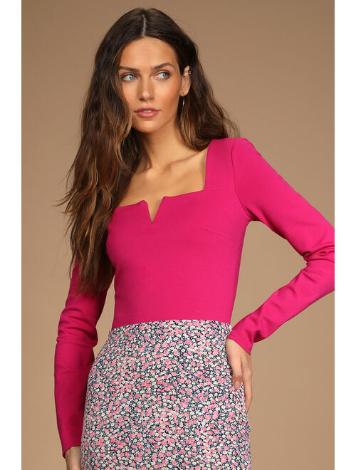 Lulus Elevated Affection Magenta Notched Long Sleeve Crop Top