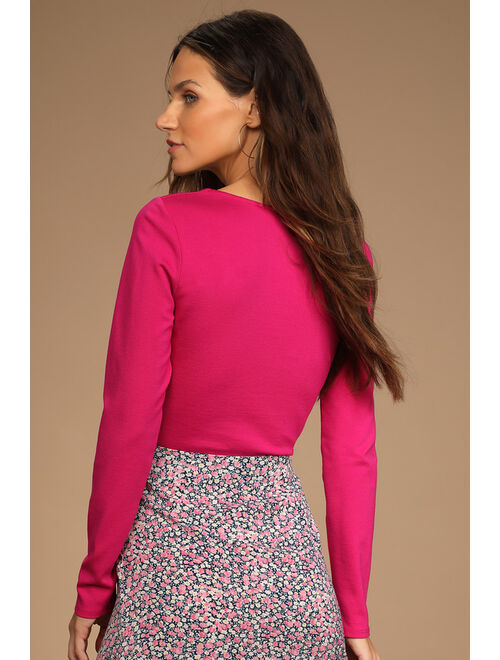 Lulus Elevated Affection Magenta Notched Long Sleeve Crop Top