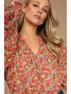 Season of Blooms Red Multi Floral Print Balloon Sleeve Top