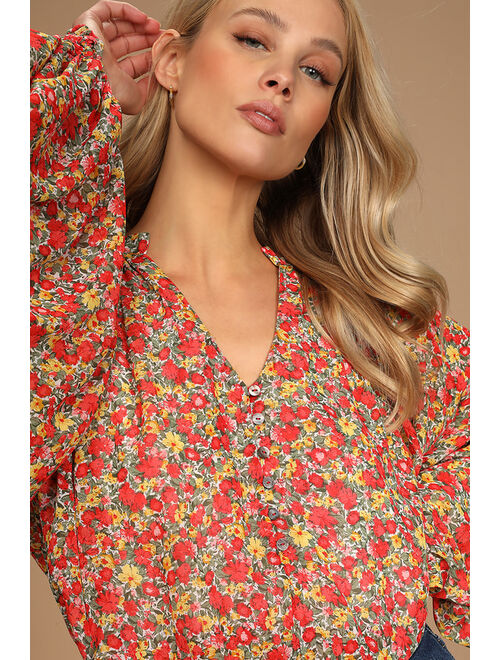 Lulus Season of Blooms Red Multi Floral Print Balloon Sleeve Top