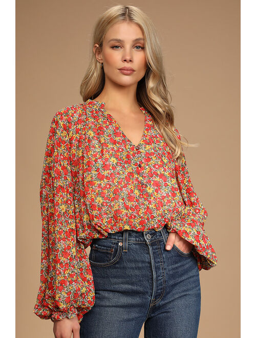 Lulus Season of Blooms Red Multi Floral Print Balloon Sleeve Top