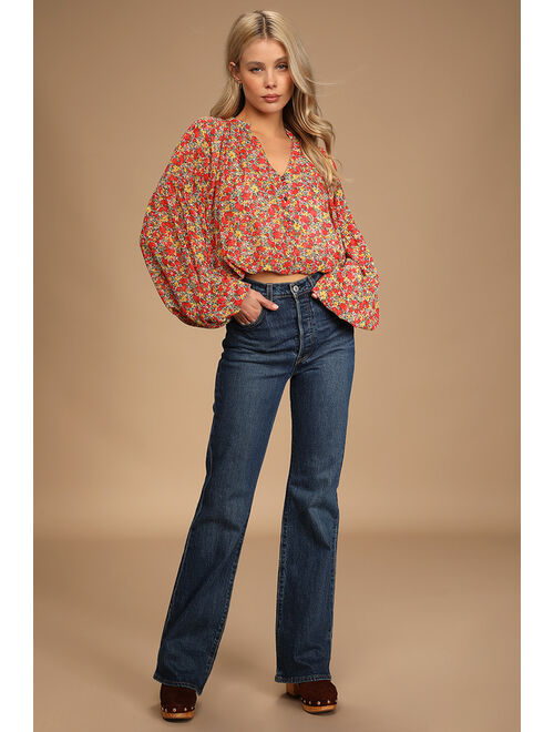 Lulus Season of Blooms Red Multi Floral Print Balloon Sleeve Top