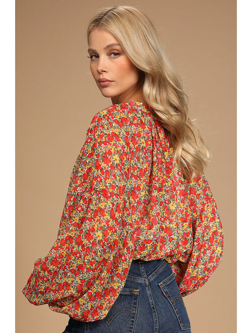 Lulus Season of Blooms Red Multi Floral Print Balloon Sleeve Top