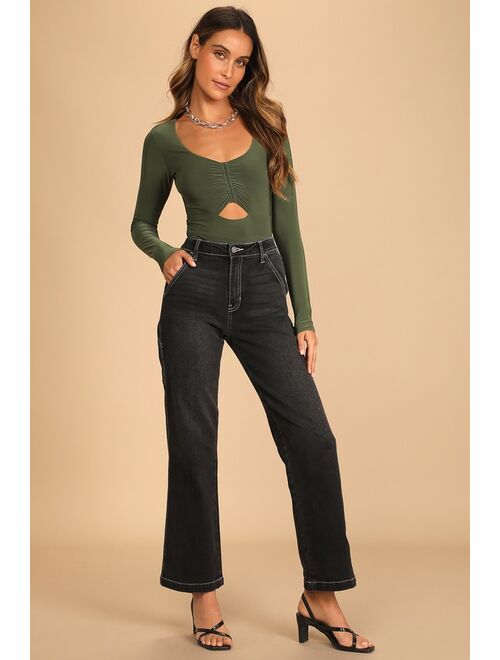 Lulus Caught a Vibe Olive Green Long Sleeve Ruched Cutout Bodysuit