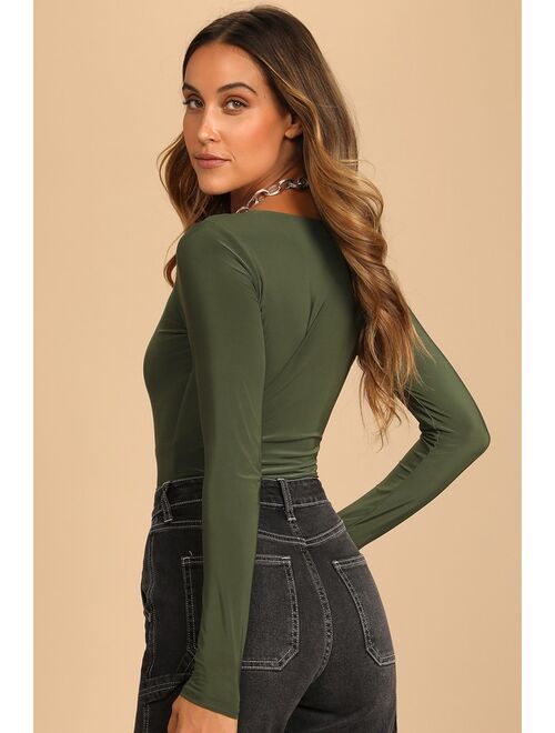 Lulus Caught a Vibe Olive Green Long Sleeve Ruched Cutout Bodysuit