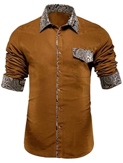 Hi-Tie Men's Woven Silk Dress Shirt Button Down Casual Jacquard Shirts Long-Sleeve Shirt Prom Wedding Regular Fit