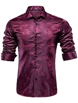 Hi-Tie Men's Woven Silk Dress Shirt Button Down Casual Jacquard Shirts Long-Sleeve Shirt Prom Wedding Regular Fit