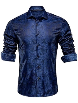 Hi-Tie Men's Woven Silk Dress Shirt Button Down Casual Jacquard Shirts Long-Sleeve Shirt Prom Wedding Regular Fit