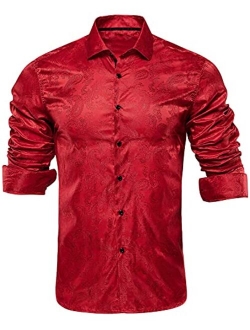 Hi-Tie Men's Woven Silk Dress Shirt Button Down Casual Jacquard Shirts Long-Sleeve Shirt Prom Wedding Regular Fit