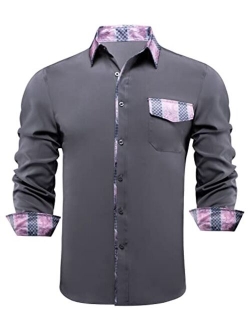 Hi-Tie Men's Woven Silk Dress Shirt Button Down Casual Jacquard Shirts Long-Sleeve Shirt Prom Wedding Regular Fit