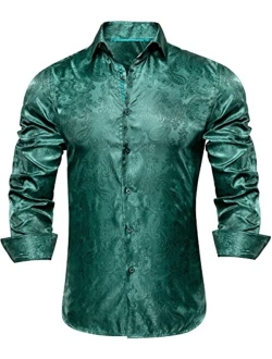 Hi-Tie Men's Woven Silk Dress Shirt Button Down Casual Jacquard Shirts Long-Sleeve Shirt Prom Wedding Regular Fit