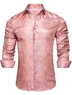 Hi-Tie Men's Woven Silk Dress Shirt Button Down Casual Jacquard Shirts Long-Sleeve Shirt Prom Wedding Regular Fit