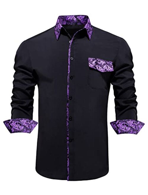 Hi-Tie Men's Woven Silk Dress Shirt Button Down Casual Jacquard Shirts Long-Sleeve Shirt Prom Wedding Regular Fit