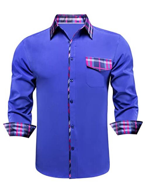 Hi-Tie Men's Woven Silk Dress Shirt Button Down Casual Jacquard Shirts Long-Sleeve Shirt Prom Wedding Regular Fit