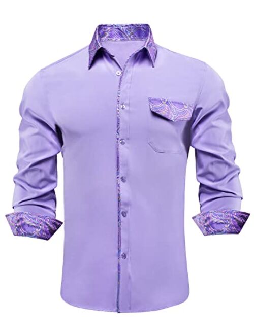 Hi-Tie Men's Woven Silk Dress Shirt Button Down Casual Jacquard Shirts Long-Sleeve Shirt Prom Wedding Regular Fit