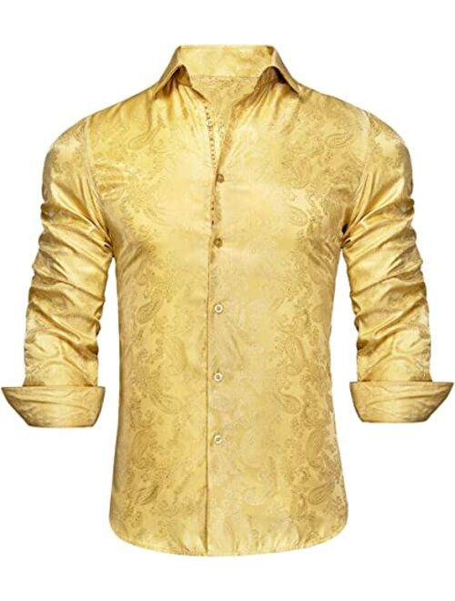 Hi-Tie Men's Woven Silk Dress Shirt Button Down Casual Jacquard Shirts Long-Sleeve Shirt Prom Wedding Regular Fit