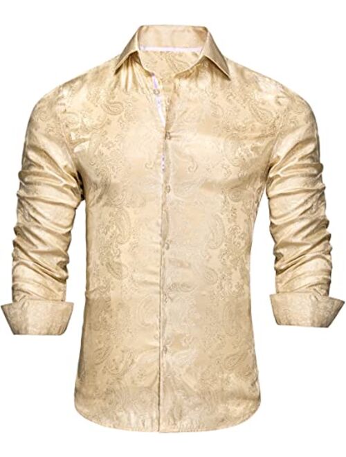 Hi-Tie Men's Woven Silk Dress Shirt Button Down Casual Jacquard Shirts Long-Sleeve Shirt Prom Wedding Regular Fit