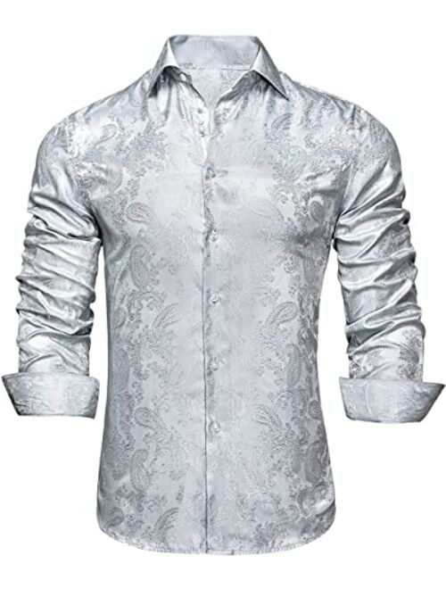 Hi-Tie Men's Woven Silk Dress Shirt Button Down Casual Jacquard Shirts Long-Sleeve Shirt Prom Wedding Regular Fit