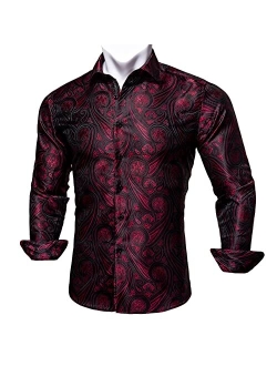 Barry.Wang Men Shirts, Paisley Flower Woven Silk Dress Shirt Long Sleeve Unique Design Formal/Leisure Wedding Party Prom