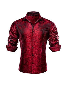 Barry.Wang Men Shirts, Paisley Flower Woven Silk Dress Shirt Long Sleeve Unique Design Formal/Leisure Wedding Party Prom