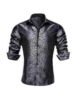 Barry.Wang Men Shirts, Paisley Flower Woven Silk Dress Shirt Long Sleeve Unique Design Formal/Leisure Wedding Party Prom