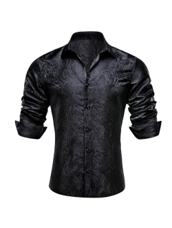 Barry.Wang Men Shirts, Paisley Flower Woven Silk Dress Shirt Long Sleeve Unique Design Formal/Leisure Wedding Party Prom