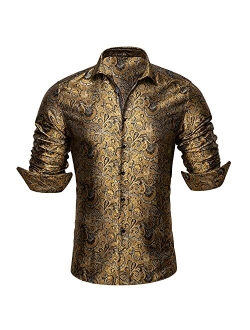 Barry.Wang Men Shirts, Paisley Flower Woven Silk Dress Shirt Long Sleeve Unique Design Formal/Leisure Wedding Party Prom