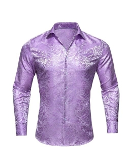 Barry.Wang Men Shirts, Paisley Flower Woven Silk Dress Shirt Long Sleeve Unique Design Formal/Leisure Wedding Party Prom