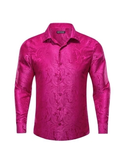 Barry.Wang Men Shirts, Paisley Flower Woven Silk Dress Shirt Long Sleeve Unique Design Formal/Leisure Wedding Party Prom