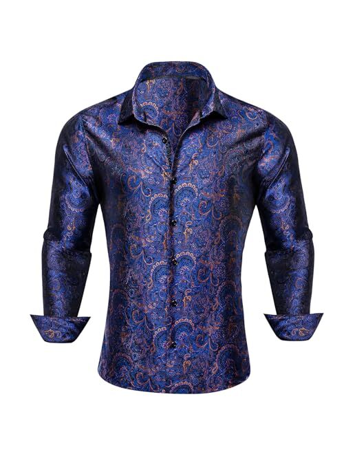 Barry.Wang Men Shirts, Paisley Flower Woven Silk Dress Shirt Long Sleeve Unique Design Formal/Leisure Wedding Party Prom