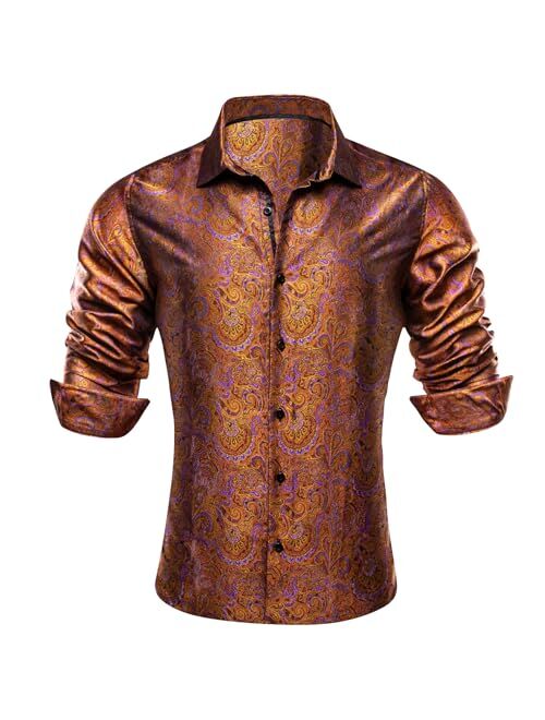 Barry.Wang Men Shirts, Paisley Flower Woven Silk Dress Shirt Long Sleeve Unique Design Formal/Leisure Wedding Party Prom