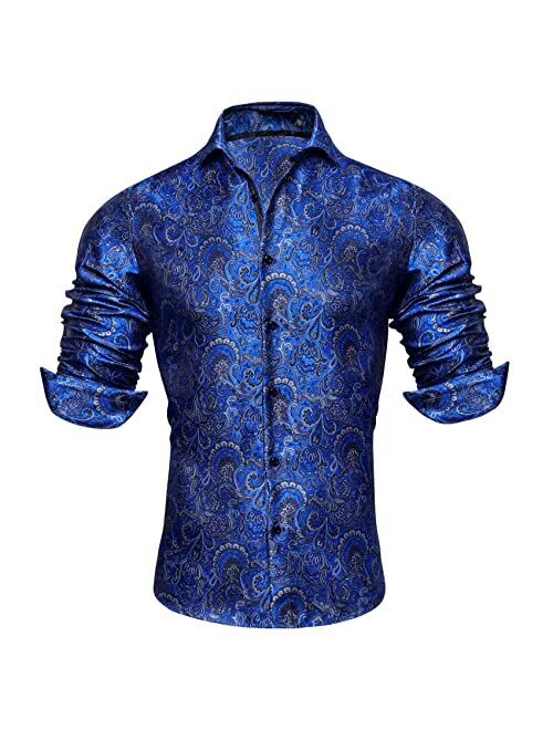 Barry.Wang Men Shirts, Paisley Flower Woven Silk Dress Shirt Long Sleeve Unique Design Formal/Leisure Wedding Party Prom