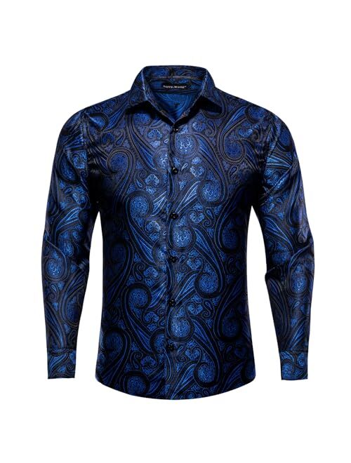 Barry.Wang Men Shirts, Paisley Flower Woven Silk Dress Shirt Long Sleeve Unique Design Formal/Leisure Wedding Party Prom